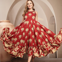 Kimayra Cotton Calf Length Printed Sleeveless Round Neck Flared Dress