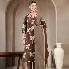 Kimayra Cotton Calf Length Printed 3/4 Sleeve Mandarin Collar Straight Kurta Suit Set