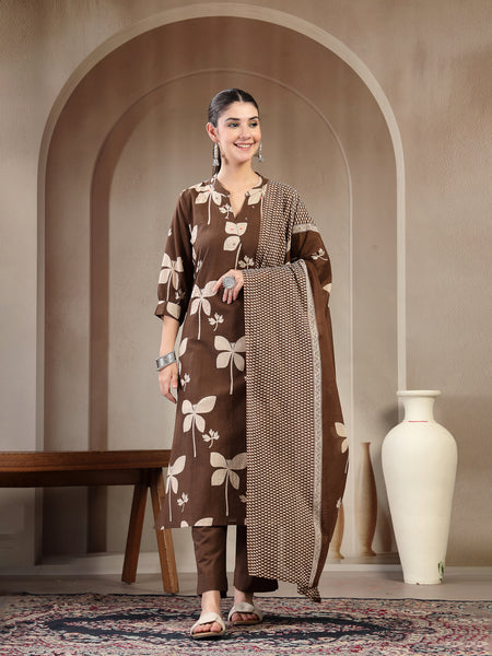 Kimayra Cotton Calf Length Printed 3/4 Sleeve Mandarin Collar Straight Kurta Suit Set