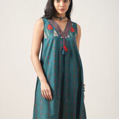 Kimayra Cotton Mid Length Printed Sleeveless V-Neck Flared Dress