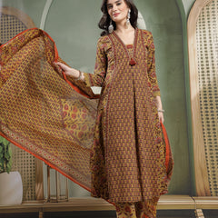 Kimayra Cotton Calf Length Printed 3/4 Sleeve V-Neck Flared Kurta Suit Set
