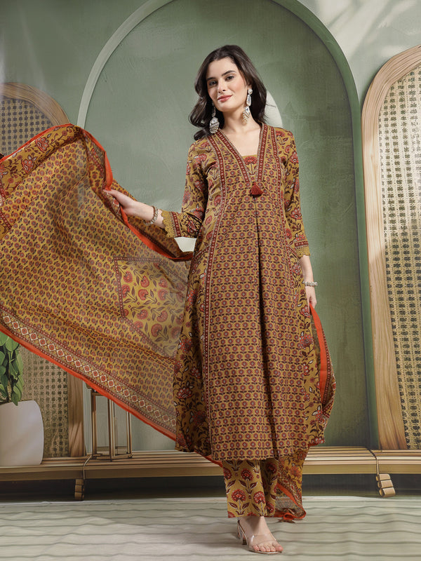 Kimayra Cotton Calf Length Printed 3/4 Sleeve V-Neck Flared Kurta Suit Set