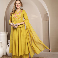 Kimayra Cotton Calf Length Solid 3/4 Sleeve V-Neck Flared Kurta Suit Set