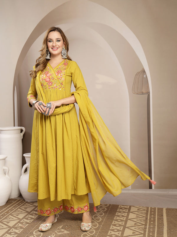 Kimayra Cotton Calf Length Solid 3/4 Sleeve V-Neck Flared Kurta Suit Set