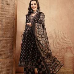 Kimayra Cotton Calf Length Printed 3/4 Sleeve V-Neck A-Line Kurta Suit Set