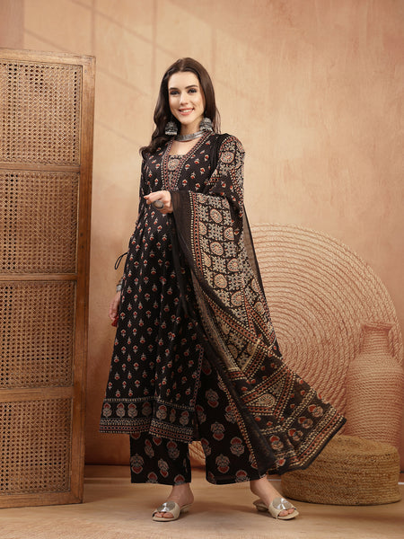 Kimayra Cotton Calf Length Printed 3/4 Sleeve V-Neck A-Line Kurta Suit Set