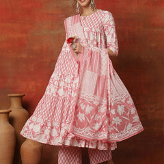 Kimayra Cotton Ankle  Length Printed 3/4 Sleeves Round Neck Full Flared Kurta Suit Set