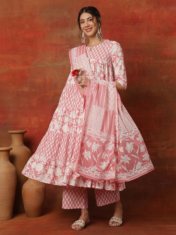 Kimayra Cotton Ankle  Length Printed 3/4 Sleeves Round Neck Full Flared Kurta Suit Set