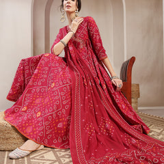 Kimayra Cotton Calf Length Printed 3/4 Sleeve Angrakha Flared Kurta Suit Set