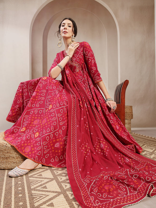 Kimayra Cotton Calf Length Printed 3/4 Sleeve Angrakha Flared Kurta Suit Set