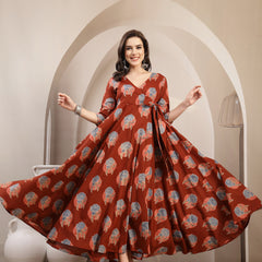 Kimayra Cotton Calf Length Printed 3/4 Sleeve V-Neck Flared Kurta