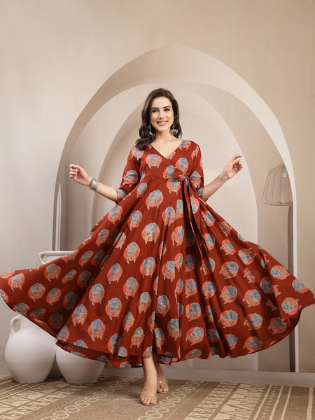 Kimayra Cotton Calf Length Printed 3/4 Sleeve V-Neck Flared Kurta