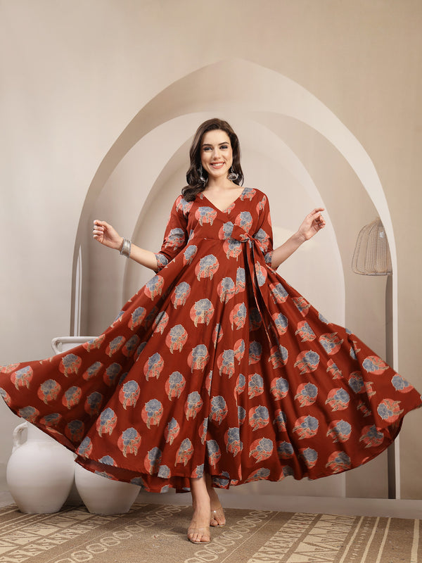 Kimayra Cotton Calf Length Printed 3/4 Sleeve V-Neck Flared Kurta