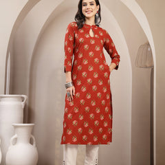 Kimayra Rayon Calf Length Printed 3/4 Sleeve Key Hole Neck Straight Kurta