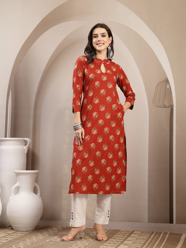 Kimayra Rayon Calf Length Printed 3/4 Sleeve Key Hole Neck Straight Kurta