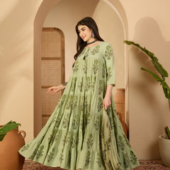 Kimayra Cotton Calf Length Printed 3/4 Sleeve Key Hole Neck Anarkali Kurta Suit Set