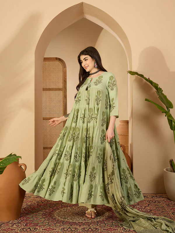 Kimayra Cotton Calf Length Printed 3/4 Sleeve Key Hole Neck Anarkali Kurta Suit Set