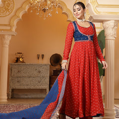 Kimayra Cotton Calf Length Printed Full Sleeves Round Neck Anarkali Kurta Suit Set