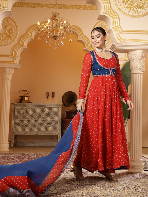 Kimayra Cotton Calf Length Printed Full Sleeves Round Neck Anarkali Kurta Suit Set