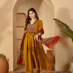 Kimayra Rayon Calf Length Solid 3/4 Sleeve V-Neck Flared Kurta Suit Set