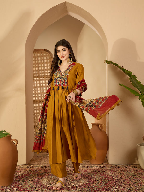 Kimayra Rayon Calf Length Solid 3/4 Sleeve V-Neck Flared Kurta Suit Set
