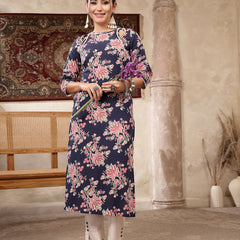 Kimayra Rayon Calf Length Printed 3/4 Sleeve Round Neck Straight Kurta