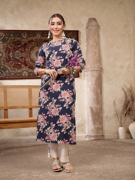 Kimayra Rayon Calf Length Printed 3/4 Sleeve Round Neck Straight Kurta