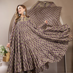 Kimayra Malmal Calf Length Printed Full Sleeve Round Neck Anarkali Kurta Suit Set
