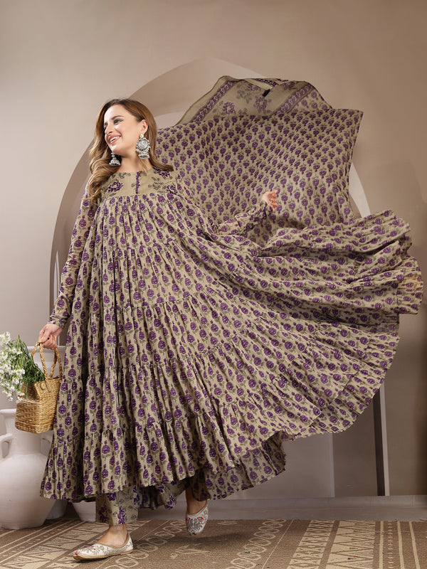 Kimayra Malmal Calf Length Printed Full Sleeve Round Neck Anarkali Kurta Suit Set