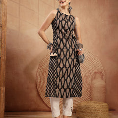 Kimayra Rayon Calf Length Printed Sleeveless Round Neck Straight Kurta
