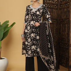 Kimayra Cotton Calf Length Printed 3/4 Sleeves Round Neck Anarkali Kurta Suit Set