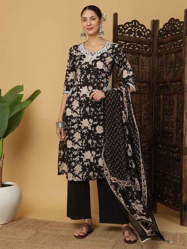 Kimayra Cotton Calf Length Printed 3/4 Sleeves Round Neck Anarkali Kurta Suit Set