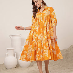 Kimayra Cotton Knee Length Printed 3/4 Sleeve Shirt Collar Flared Dress