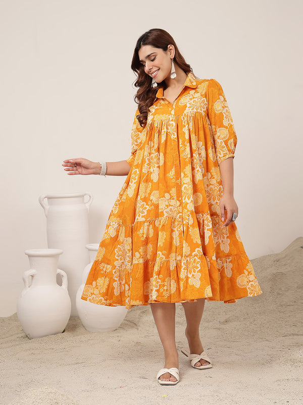 Kimayra Cotton Knee Length Printed 3/4 Sleeve Shirt Collar Flared Dress