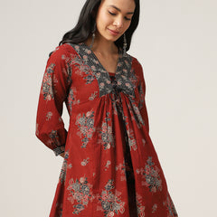 Kimayra Cotton Hip Length Printed 3/4 Sleeve V-Neck Flared Top