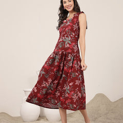 Kimayra Cotton Calf Length Printed Sleeveless Round Neck Flared Dress