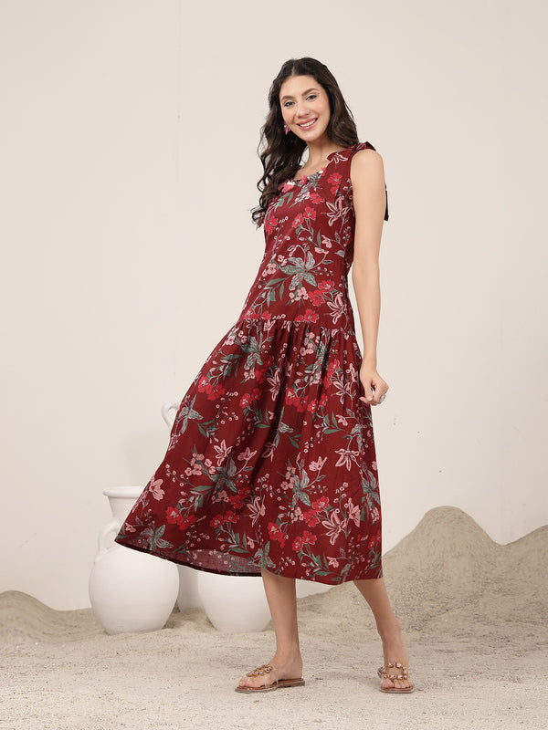 Kimayra Cotton Calf Length Printed Sleeveless Round Neck Flared Dress