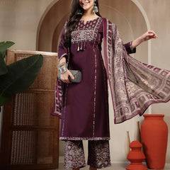 Kimayra Cotton Calf Length Solid 3/4 Sleeve Round Neck Straight Kurta Suit Set