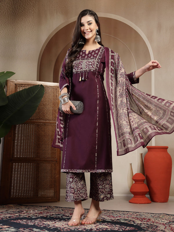 Kimayra Cotton Calf Length Solid 3/4 Sleeve Round Neck Straight Kurta Suit Set