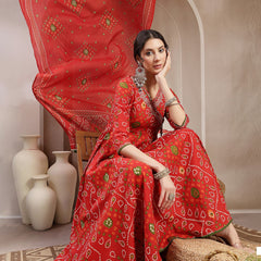 Kimayra Cotton Calf Length Printed 3/4 Sleeve Angrakha Flared Kurta Suit Set
