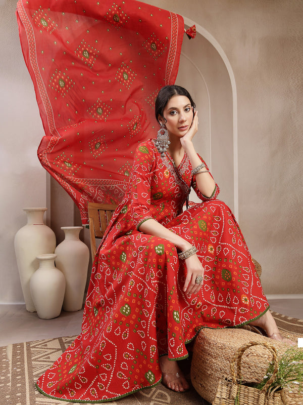 Kimayra Cotton Calf Length Printed 3/4 Sleeve Angrakha Flared Kurta Suit Set