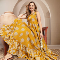 Kimayra Cotton Calf Length Printed Sleeveless Round Neck Flared Dress