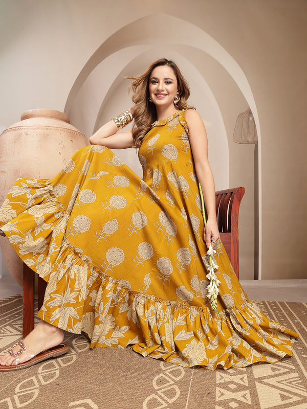 Kimayra Cotton Calf Length Printed Sleeveless Round Neck Flared Dress