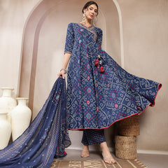 Kimayra Cotton Calf Length Printed 3/4 Sleeve Angrakha Flared Kurta Suit Set