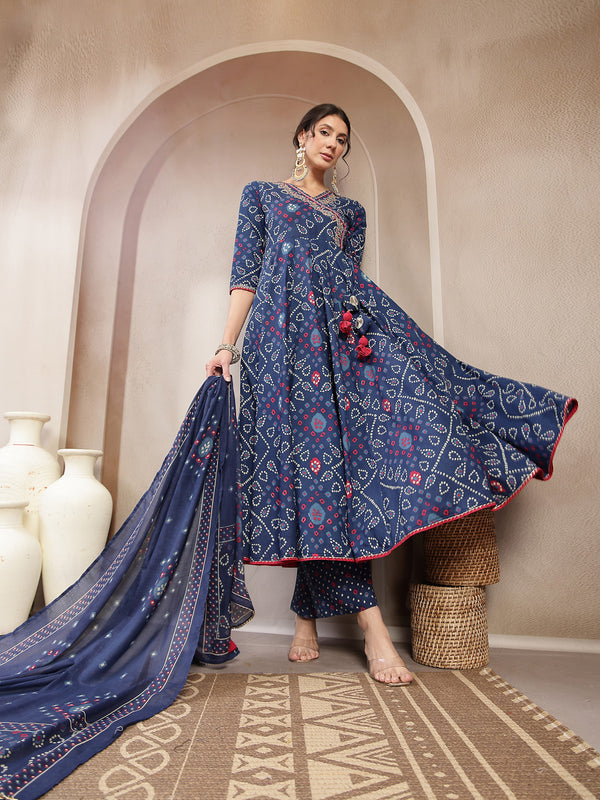 Kimayra Cotton Calf Length Printed 3/4 Sleeve Angrakha Flared Kurta Suit Set