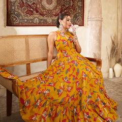 Kimayra Cotton Calf Length Printed Sleeveless Key Hole Neck Flared Kurta