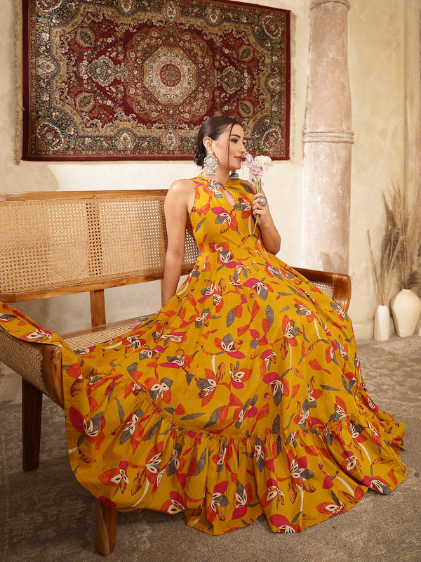 Kimayra Cotton Calf Length Printed Sleeveless Key Hole Neck Flared Kurta