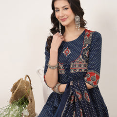 Kimayra Cotton Calf Length Printed 3/4 Sleeve Round Neck Flared Kurta Suit Set