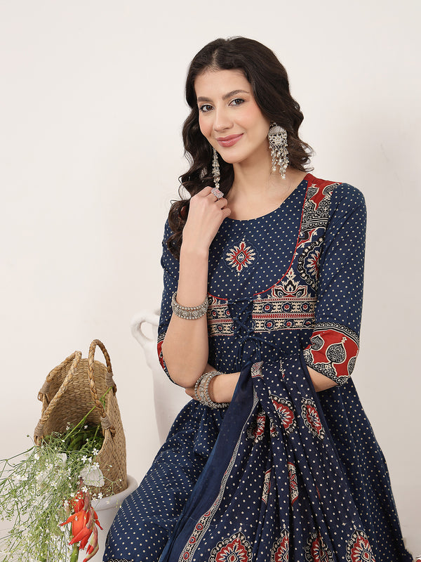 Kimayra Cotton Calf Length Printed 3/4 Sleeve Round Neck Flared Kurta Suit Set