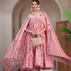 Kimayra Cotton Calf Length Printed 3/4 Sleeve Key Hole Neck Flared Kurta Suit Set